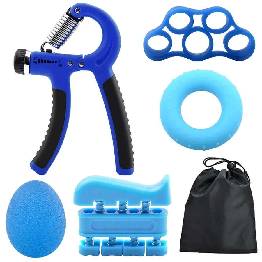 6 PCS Hand Grip Strengthener Kit with Storage Pouch Hand Finger Exerciser 5 Finger Stretcher Adjustable Hand Gripper Hand Therapy Ball Grip Exercise Ring – Fit Alphaa